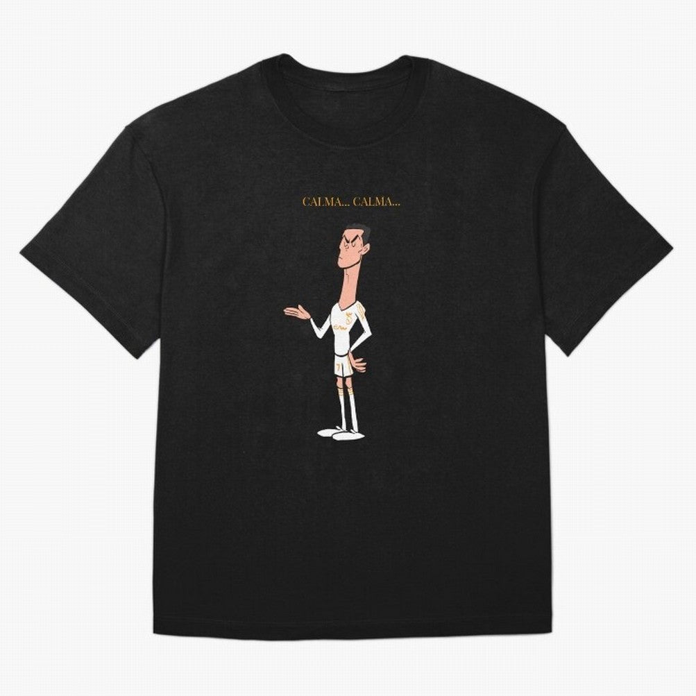 Cristiano Ronaldo ¨C Calma Calma Shirt Celebration (Cartoon) Oversized T-Shirt Support Global Football Passion for FIFA World Cup 2026 USA Canada Mexico, Highlighting Haaland, Spain and Netherlands, Retro Football Energy, Iconic Rivalries, Trophy