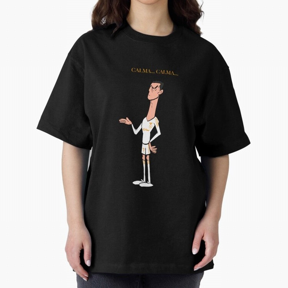 Cristiano Ronaldo ¨C Calma Calma Shirt Celebration (Cartoon) Oversized T-Shirt Support Global Football Passion for FIFA World Cup 2026 USA Canada Mexico, Highlighting Haaland, Spain and Netherlands, Retro Football Energy, Iconic Rivalries, Trophy
