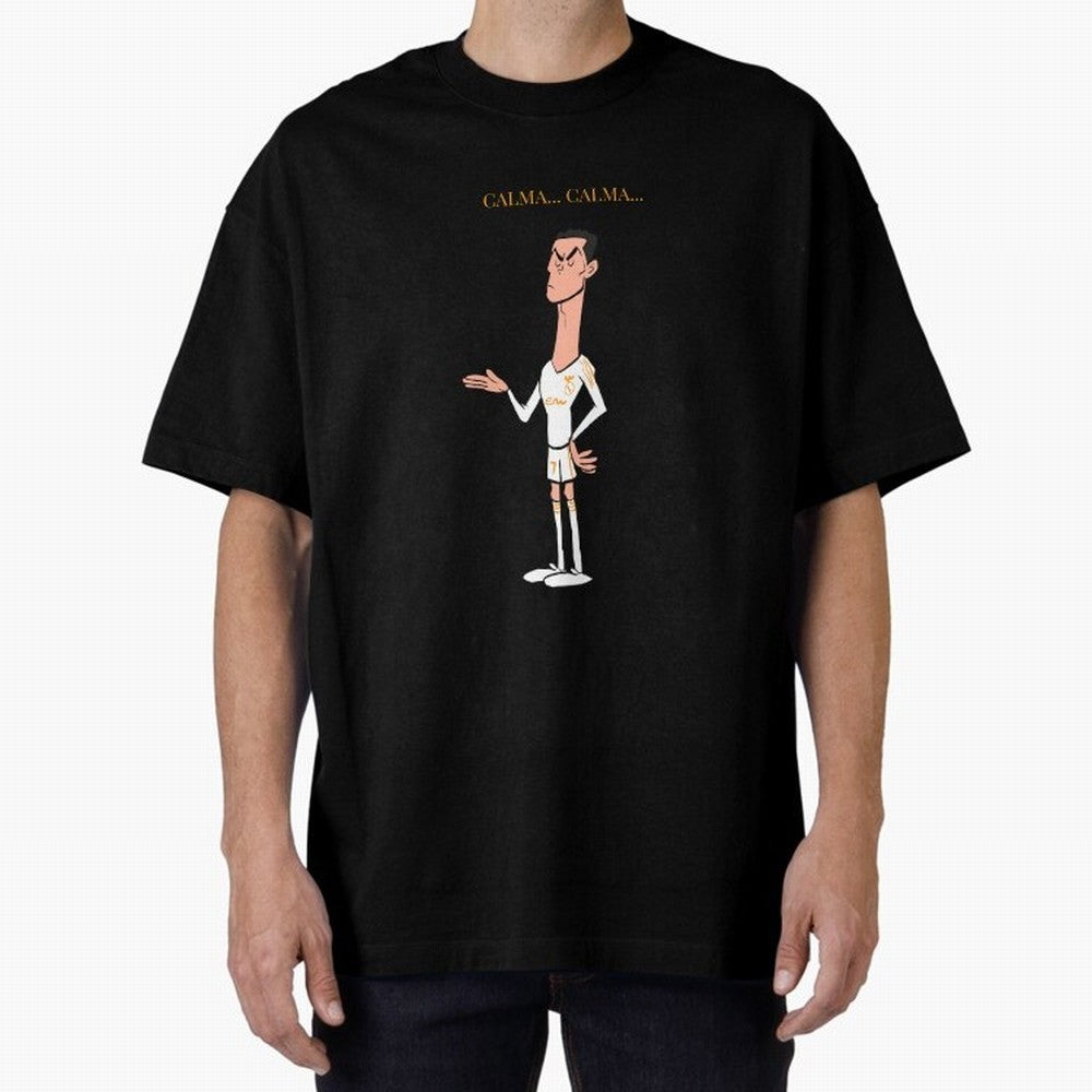 Cristiano Ronaldo ¨C Calma Calma Shirt Celebration (Cartoon) Oversized T-Shirt Support Global Football Passion for FIFA World Cup 2026 USA Canada Mexico, Highlighting Haaland, Spain and Netherlands, Retro Football Energy, Iconic Rivalries, Trophy