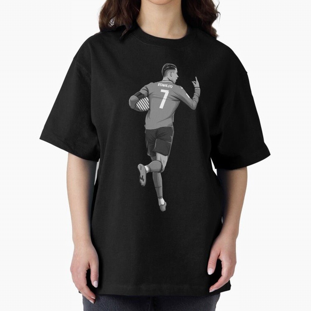 Cristiano Ronaldo Black and White Version Oversized T-Shirt Celebrate Supporters United by Global Football Passion for FIFA World Cup 2026 USA Canada Mexico, Filled with Mbappe, Germany, Worldwide Fan Energy, Dramatic Goals, Stadium Lights and
