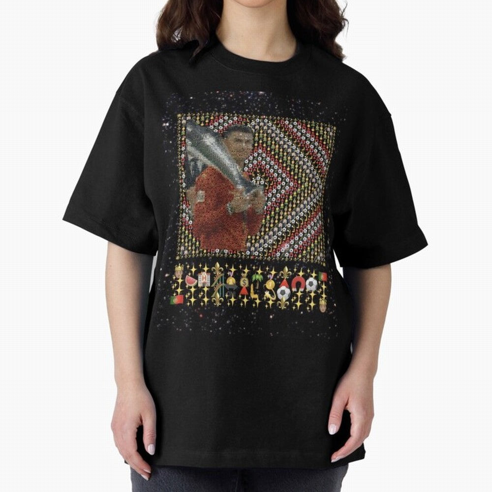 Iconic Emojified Football Legend Holding Victory Trophy | Inspired Art Oversized T-Shirt Stand Out with Spirit from FIFA World Cup 2026 Group Stage Highlighting Messi and Cristiano Ronaldo, Portugal Energy, Supporter Pride, Iconic Celebrations,