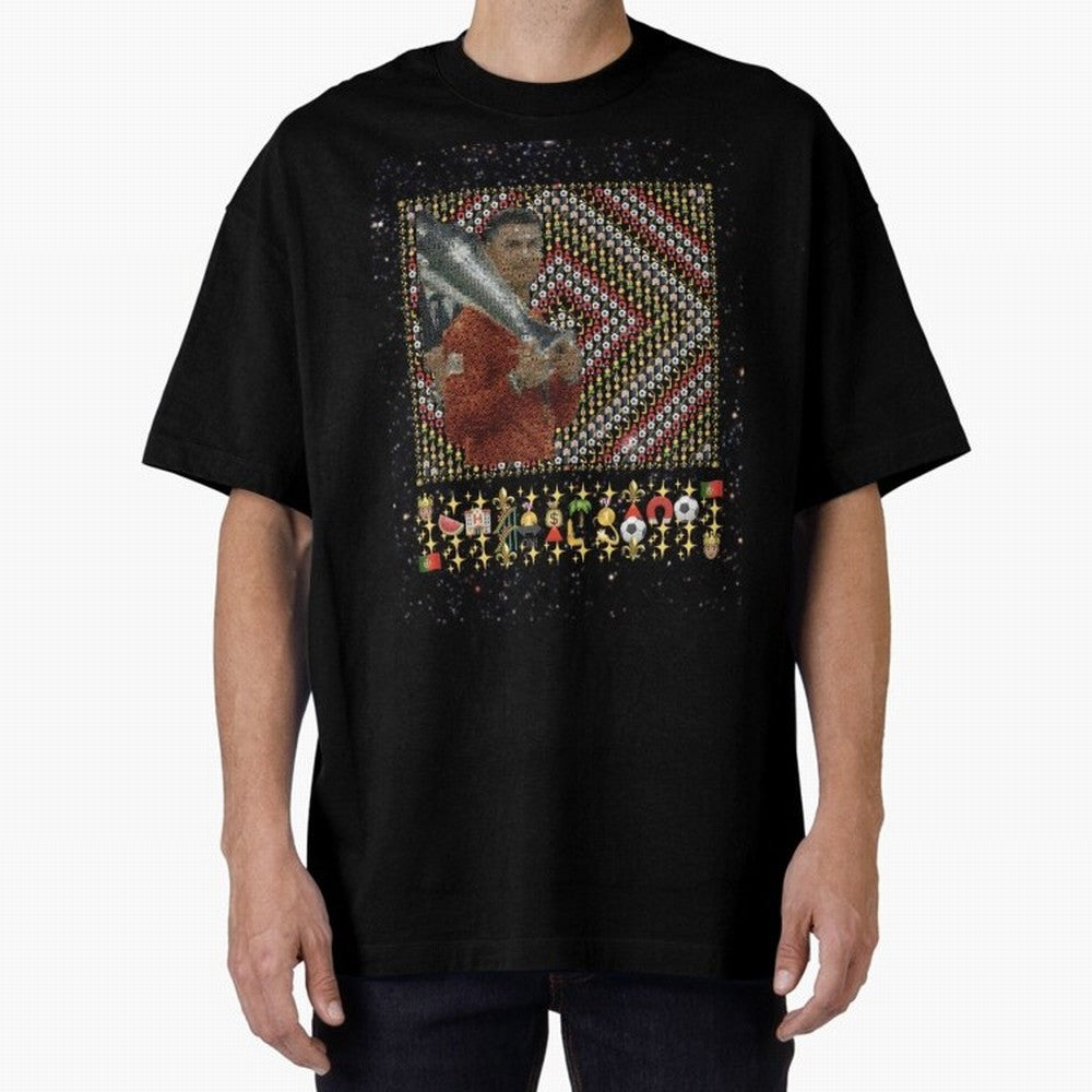 Iconic Emojified Football Legend Holding Victory Trophy | Inspired Art Oversized T-Shirt Stand Out with Spirit from FIFA World Cup 2026 Group Stage Highlighting Messi and Cristiano Ronaldo, Portugal Energy, Supporter Pride, Iconic Celebrations,