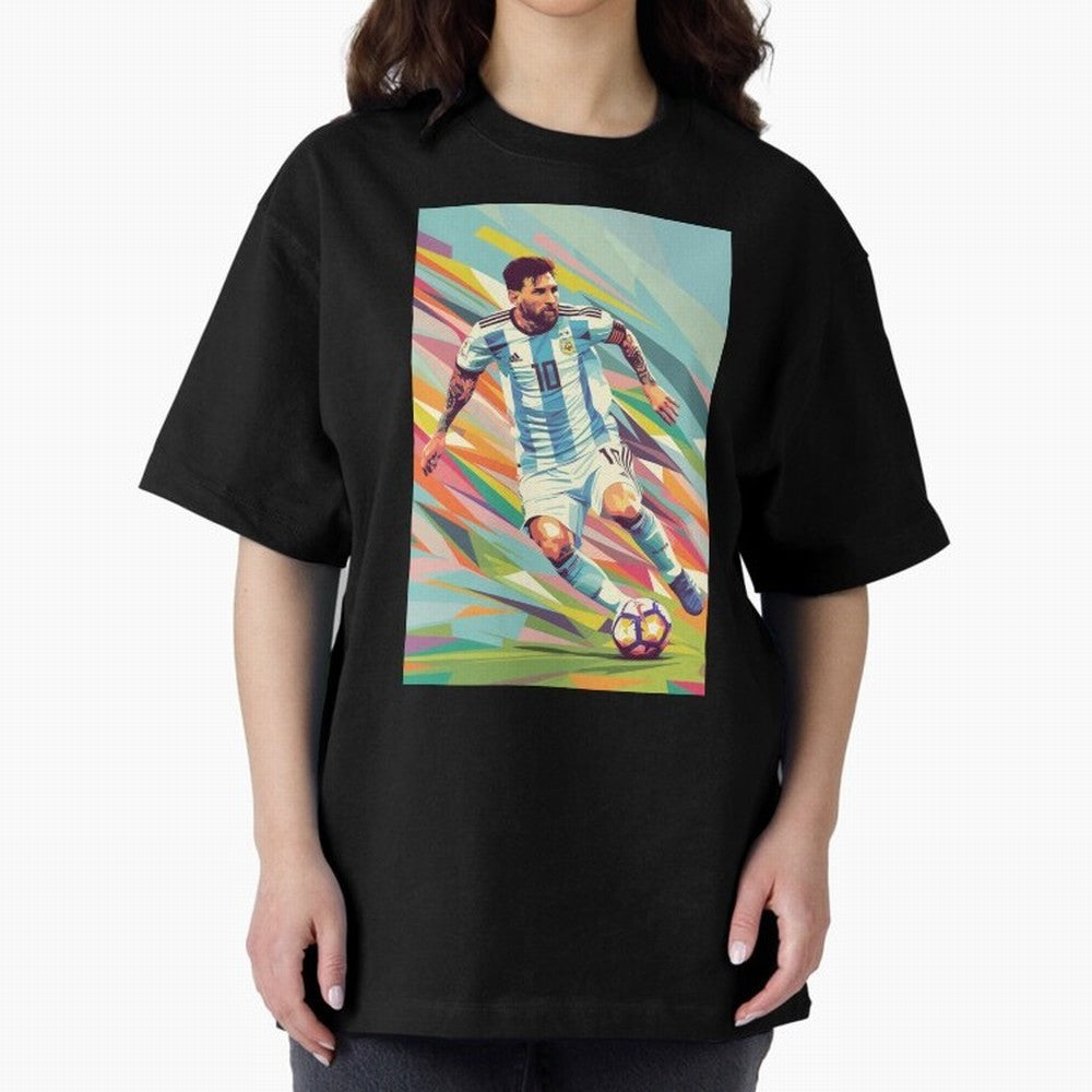 Messi in action Graphic poster design Oversized T-Shirt Relive the Noise and Pride of FIFA World Cup 2026 Group Stage Centered on Messi, CR7 and Mbappe, Germany Energy, Football Festival Excitement, Trophy Ambitions, Country Rivalries and Star