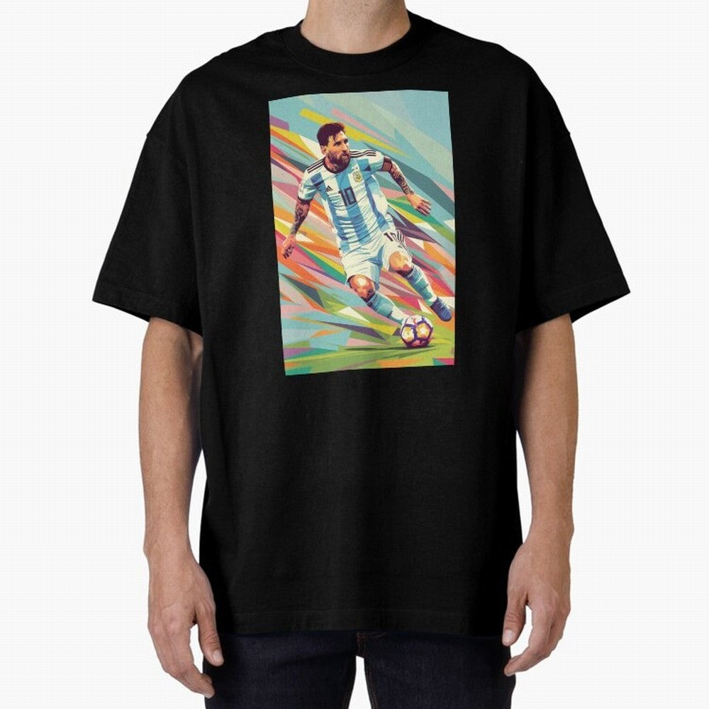 Messi in action Graphic poster design Oversized T-Shirt Relive the Noise and Pride of FIFA World Cup 2026 Group Stage Centered on Messi, CR7 and Mbappe, Germany Energy, Football Festival Excitement, Trophy Ambitions, Country Rivalries and Star