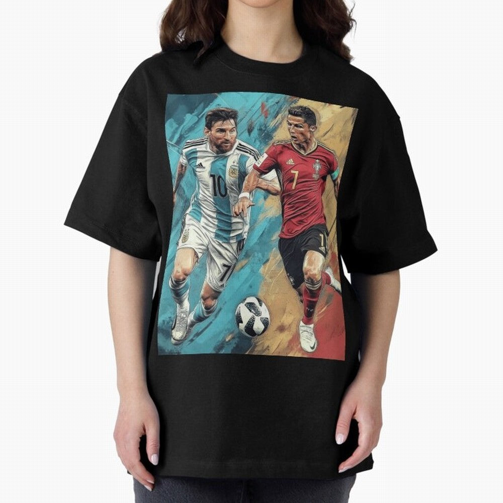 Lionel Messi and Cristiano Ronaldo Oversized T-Shirt Celebrate Fan Favorites in the FIFA World Cup 2026 Group Stage Journey through Cristiano Ronaldo, Haaland and CR7 Highlights, Netherlands Pride, Worldwide Fan Energy, Dramatic Goals, Stadium