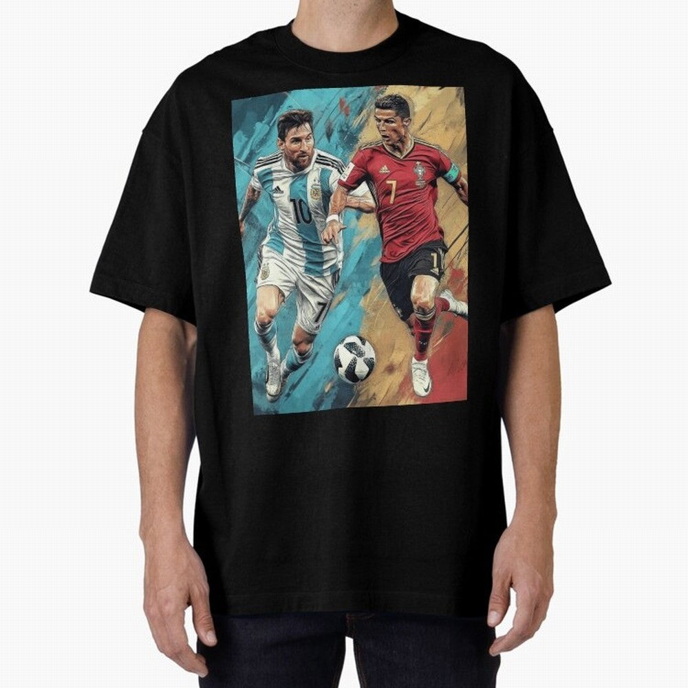 Lionel Messi and Cristiano Ronaldo Oversized T-Shirt Celebrate Fan Favorites in the FIFA World Cup 2026 Group Stage Journey through Cristiano Ronaldo, Haaland and CR7 Highlights, Netherlands Pride, Worldwide Fan Energy, Dramatic Goals, Stadium