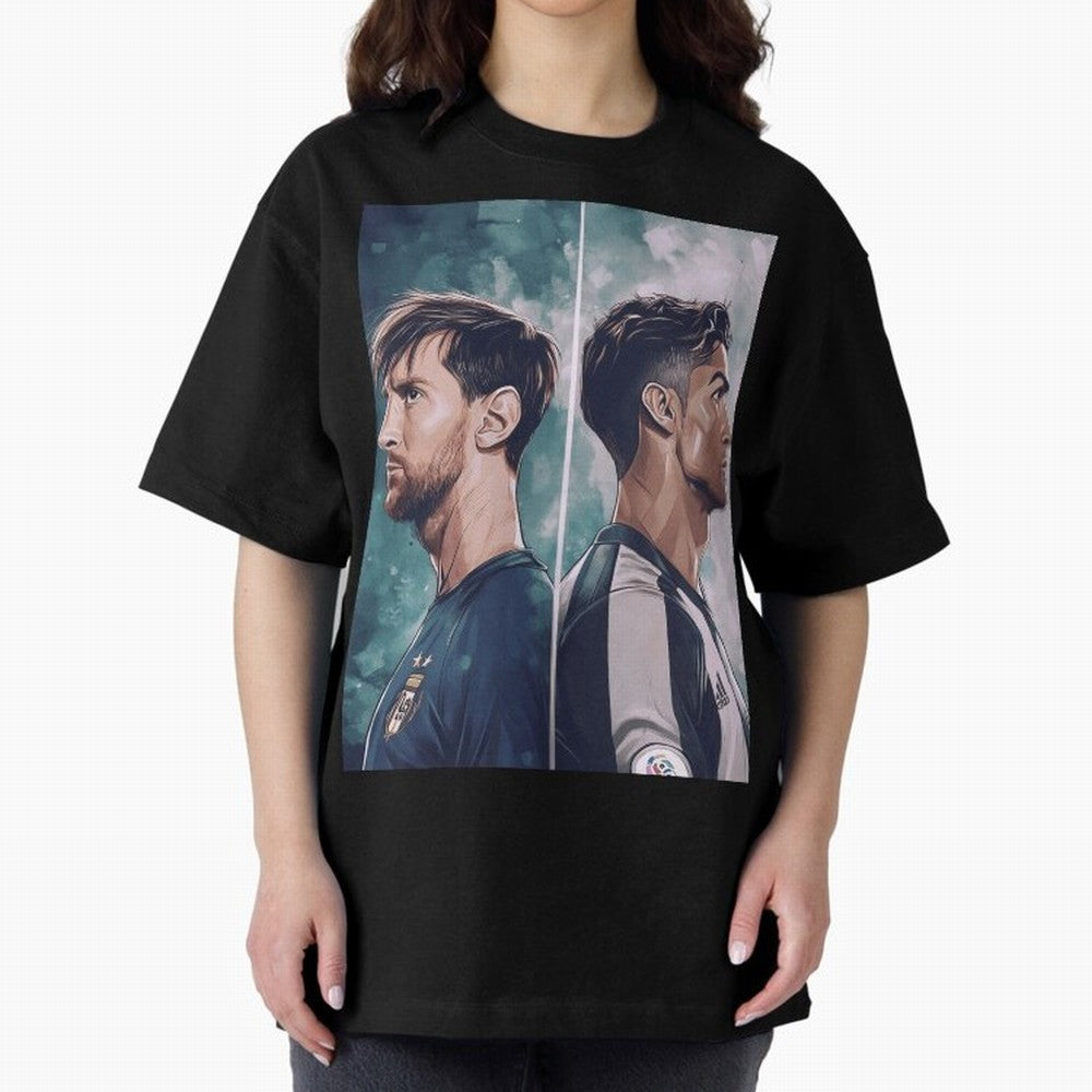 Lionel Messi and Cristiano Ronaldo Oversized T-Shirt Celebrate Golden Goal Energy in the FIFA World Cup 2026 Group Stage Journey through Cristiano Ronaldo, Haaland and CR7 Highlights, Brazil Pride, Worldwide Fan Energy, Dramatic Goals, Stadium