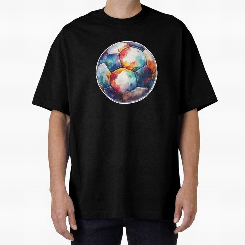 Football Soccer Ball Watercolor Illustration Drawing (Gray Blue BG) Oversized T-Shirt Celebrate the Stars of Match Day Hype around FIFA World Cup 2026 Group Stage, Mbappe and Neymar, Netherlands, Worldwide Fan Energy, Dramatic Goals, Stadium Lights