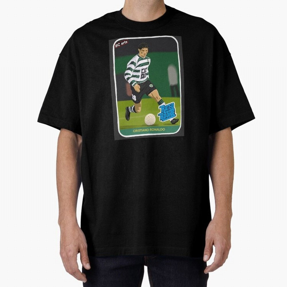 Sporting Lisbon Cristiano Ronaldo Rookie Card Artwork Oversized T-Shirt Remember Iconic Moments from FIFA World Cup 2026 Spirit, Connected to Portugal, Mbappe, Football Passion, Legendary Performances, Festival Vibes and Supporter Community; Built
