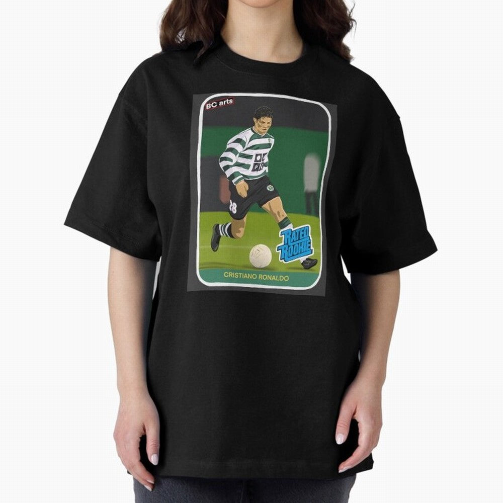 Sporting Lisbon Cristiano Ronaldo Rookie Card Artwork Oversized T-Shirt Remember Iconic Moments from FIFA World Cup 2026 Spirit, Connected to Portugal, Mbappe, Football Passion, Legendary Performances, Festival Vibes and Supporter Community; Built