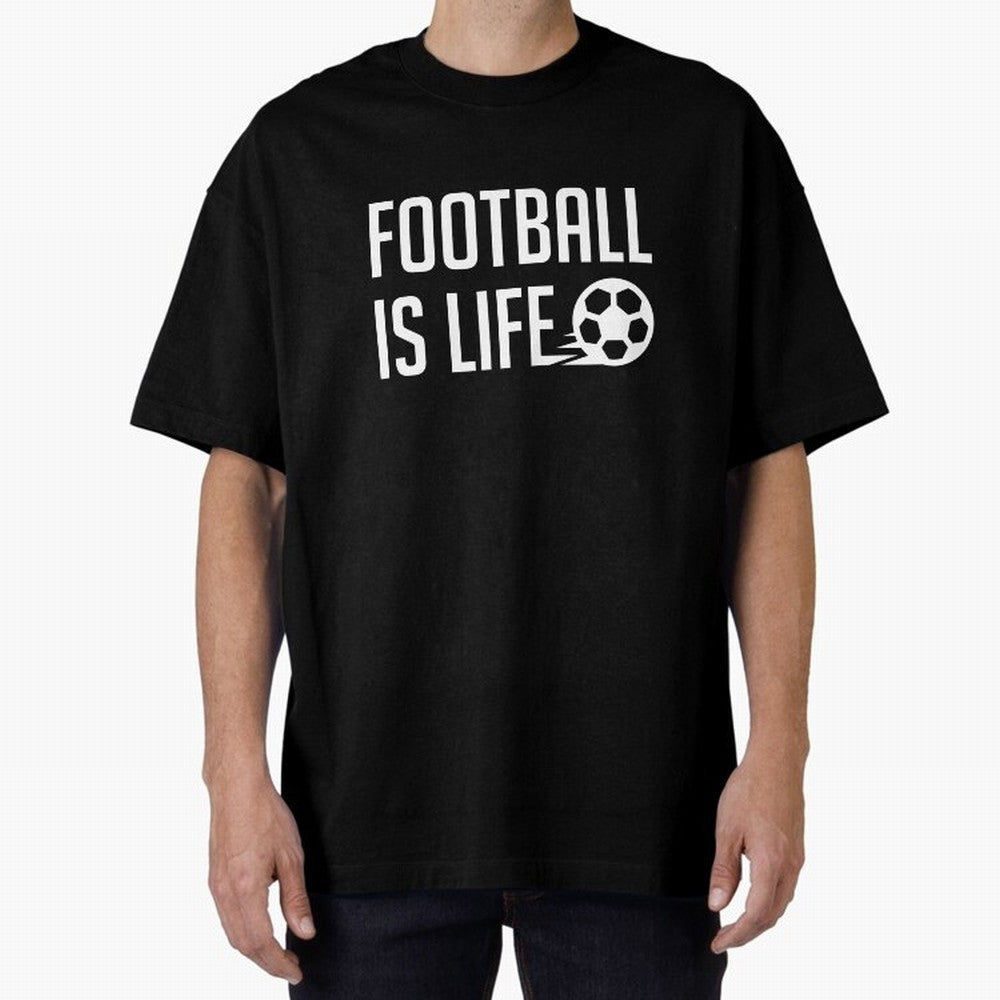 Football Is Life (Blue BG) Oversized T-Shirt Bring Retro Soccer Energy to Global Football Passion for FIFA World Cup 2026 Group Stage, Driven by Messi and Cristiano Ronaldo, Argentina, France and Brazil, Goal Celebration Energy, Supporter Heritage,