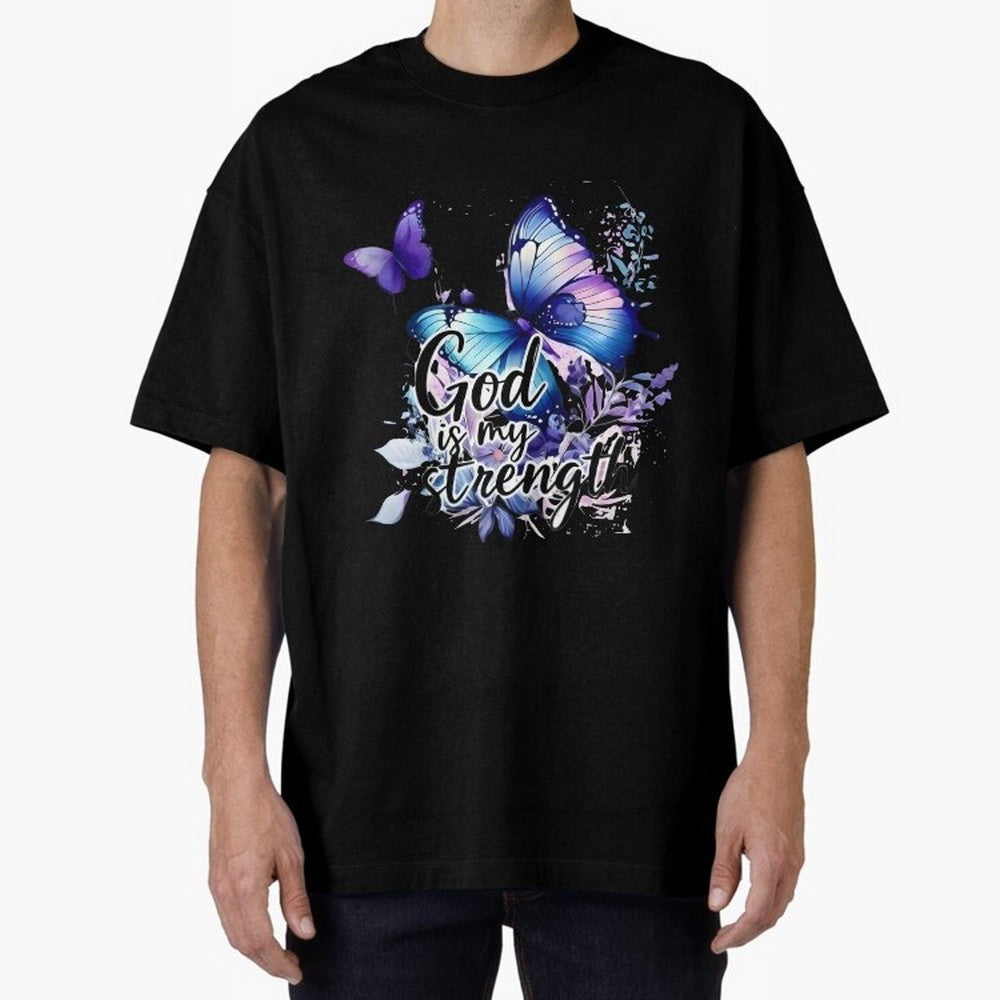 God is My Strength - Blue Butterfly Watercolor Art Oversized T-Shirt Stand Out with Spirit from FIFA World Cup 2026 Spirit, Centered on Portugal, Cristiano Ronaldo, Stadium Chants, National Pride, Trophy Dreams and Unforgettable Football Memories;