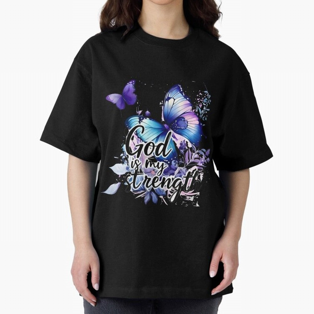 God is My Strength - Blue Butterfly Watercolor Art Oversized T-Shirt Stand Out with Spirit from FIFA World Cup 2026 Spirit, Centered on Portugal, Cristiano Ronaldo, Stadium Chants, National Pride, Trophy Dreams and Unforgettable Football Memories;