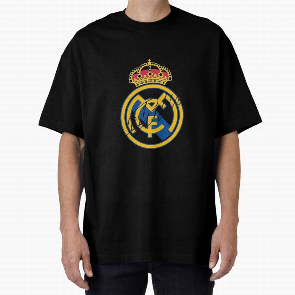 Real Madrid C.F. crest with Cristiano Ronaldo's autograph Oversized T-Shirt Celebrate the Magic of FIFA World Cup 2026 Group Stage Spirit, Made for Brazil, Portugal and Argentina, Messi, Neymar and Mbappe, Stadium Memories, Football Loyalty,