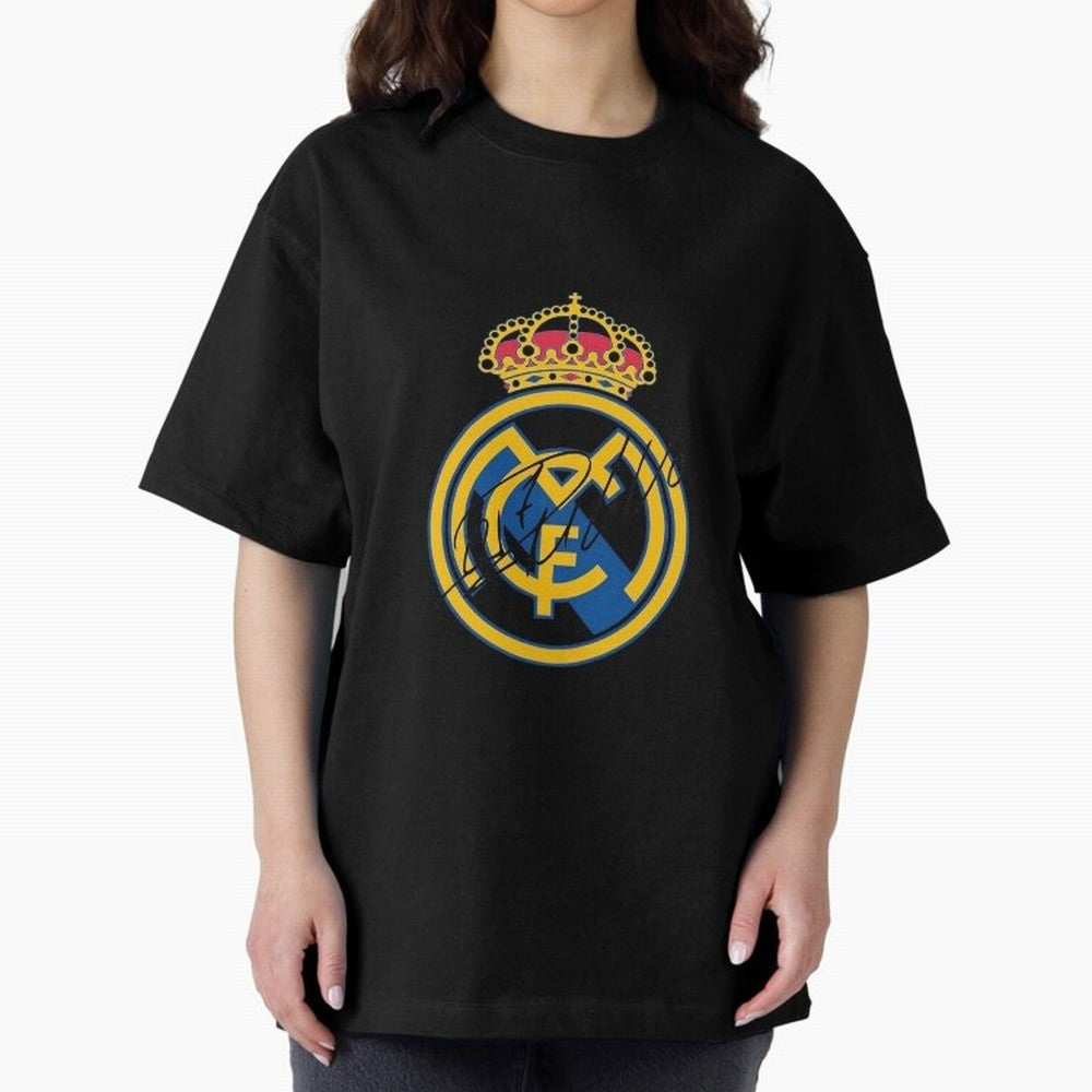 Real Madrid C.F. crest with Cristiano Ronaldo's autograph Oversized T-Shirt Celebrate the Magic of FIFA World Cup 2026 Group Stage Spirit, Made for Brazil, Portugal and Argentina, Messi, Neymar and Mbappe, Stadium Memories, Football Loyalty,