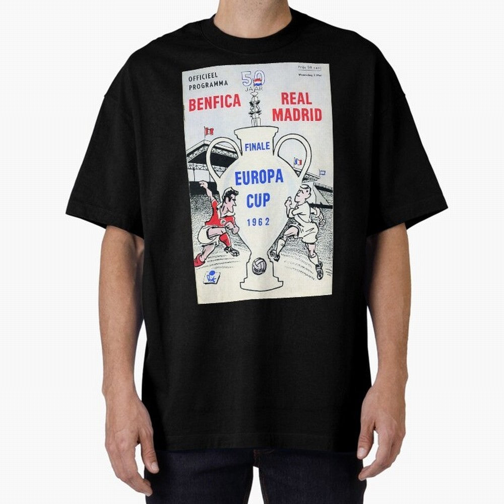 Vintage Champions League Final Poster - Real Madrid vs Benfica Oversized T-Shirt Get Ready for the FIFA World Cup 2026 Journey through Mbappe and Neymar Highlights, Brazil, Portugal and Argentina Pride, Football History, Final Match Energy, Crowd