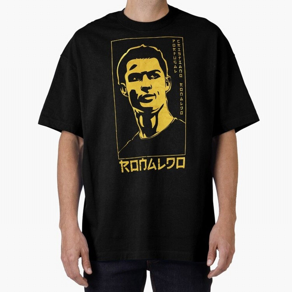 Ronaldo Golden Style Portrait art illustration Oversized T-Shirt Honor Football Greatness during Global Football Passion for FIFA World Cup 2026 Group Stage, Inspired by Mbappe, France and Portugal, Worldwide Fan Energy, Dramatic Goals, Stadium