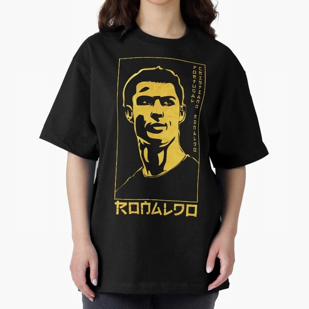 Ronaldo Golden Style Portrait art illustration Oversized T-Shirt Honor Football Greatness during Global Football Passion for FIFA World Cup 2026 Group Stage, Inspired by Mbappe, France and Portugal, Worldwide Fan Energy, Dramatic Goals, Stadium