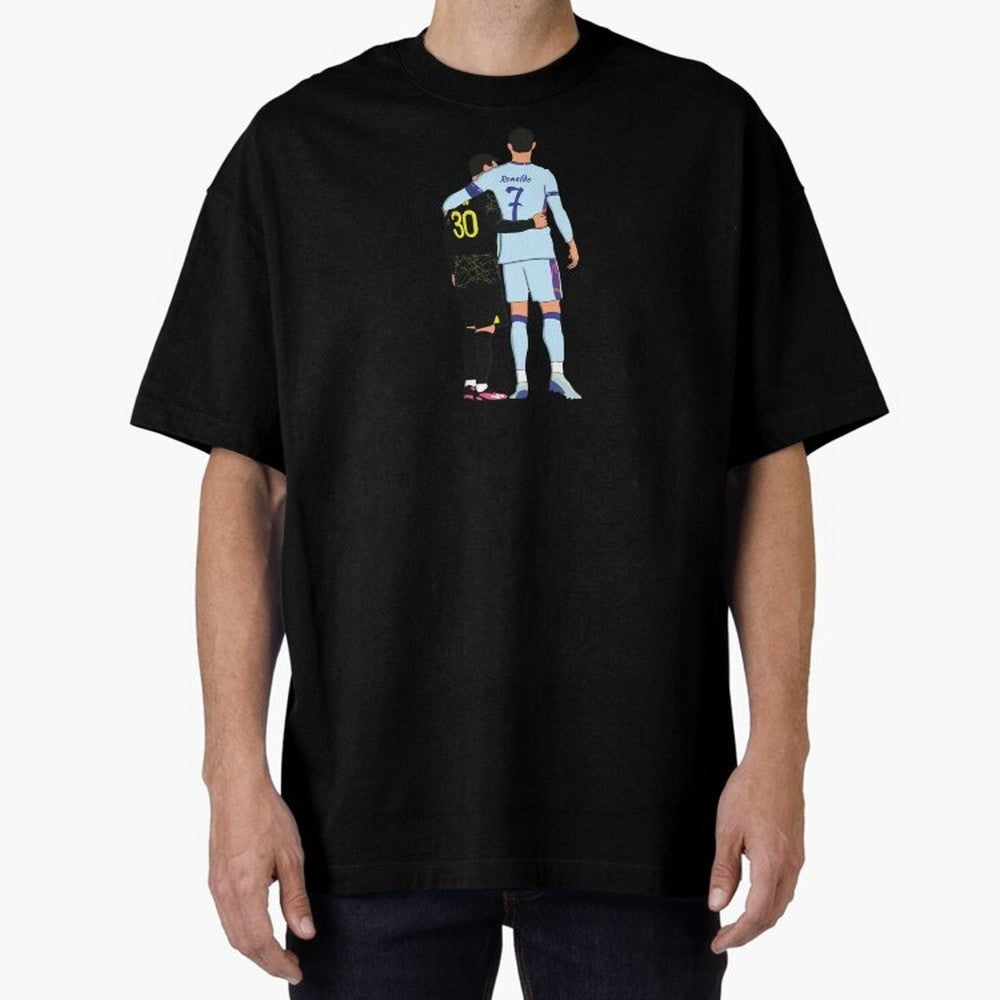 Messi and Ronaldo Reunion Illustration Oversized T-Shirt Embrace the FIFA World Cup 2026 Group Stage Journey through Haaland Highlights, France Pride, Retro Football Energy, Iconic Rivalries, Trophy Chase Drama and Stadium Atmosphere; Perfect for