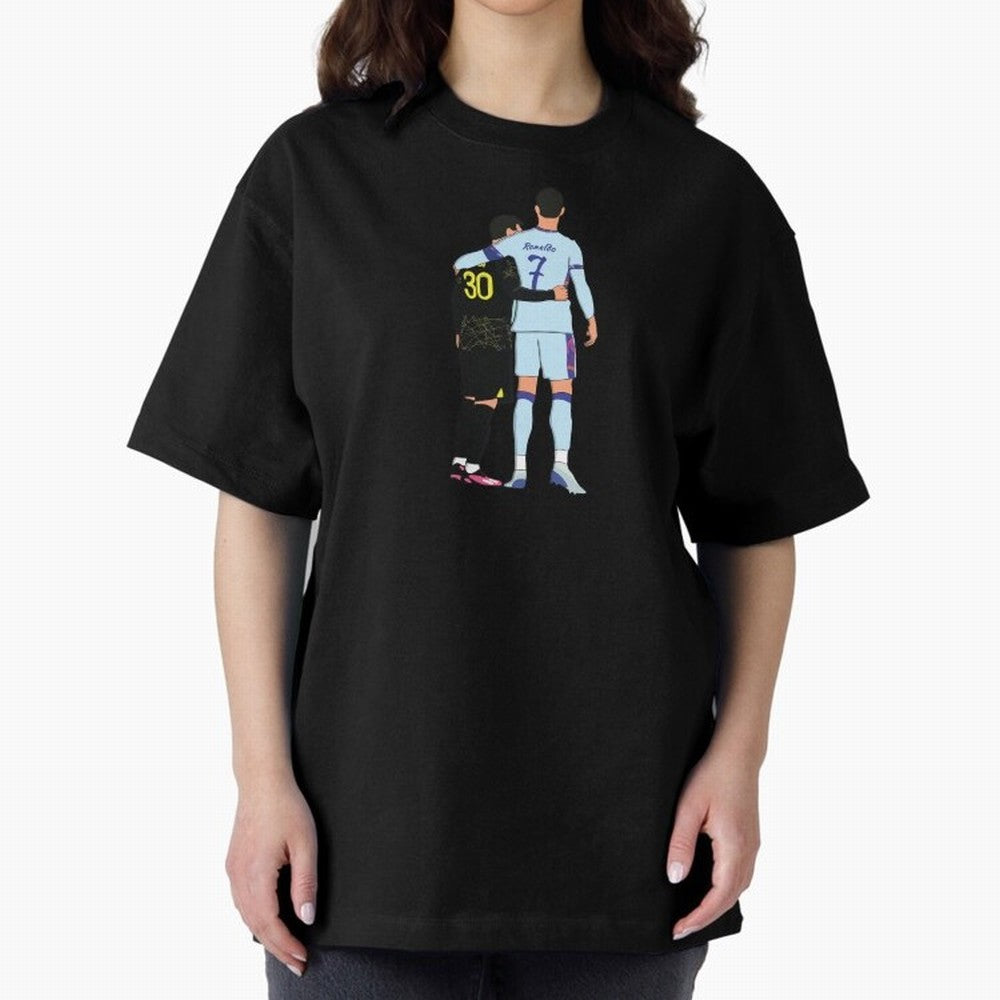 Messi and Ronaldo Reunion Illustration Oversized T-Shirt Embrace the FIFA World Cup 2026 Group Stage Journey through Haaland Highlights, France Pride, Retro Football Energy, Iconic Rivalries, Trophy Chase Drama and Stadium Atmosphere; Perfect for