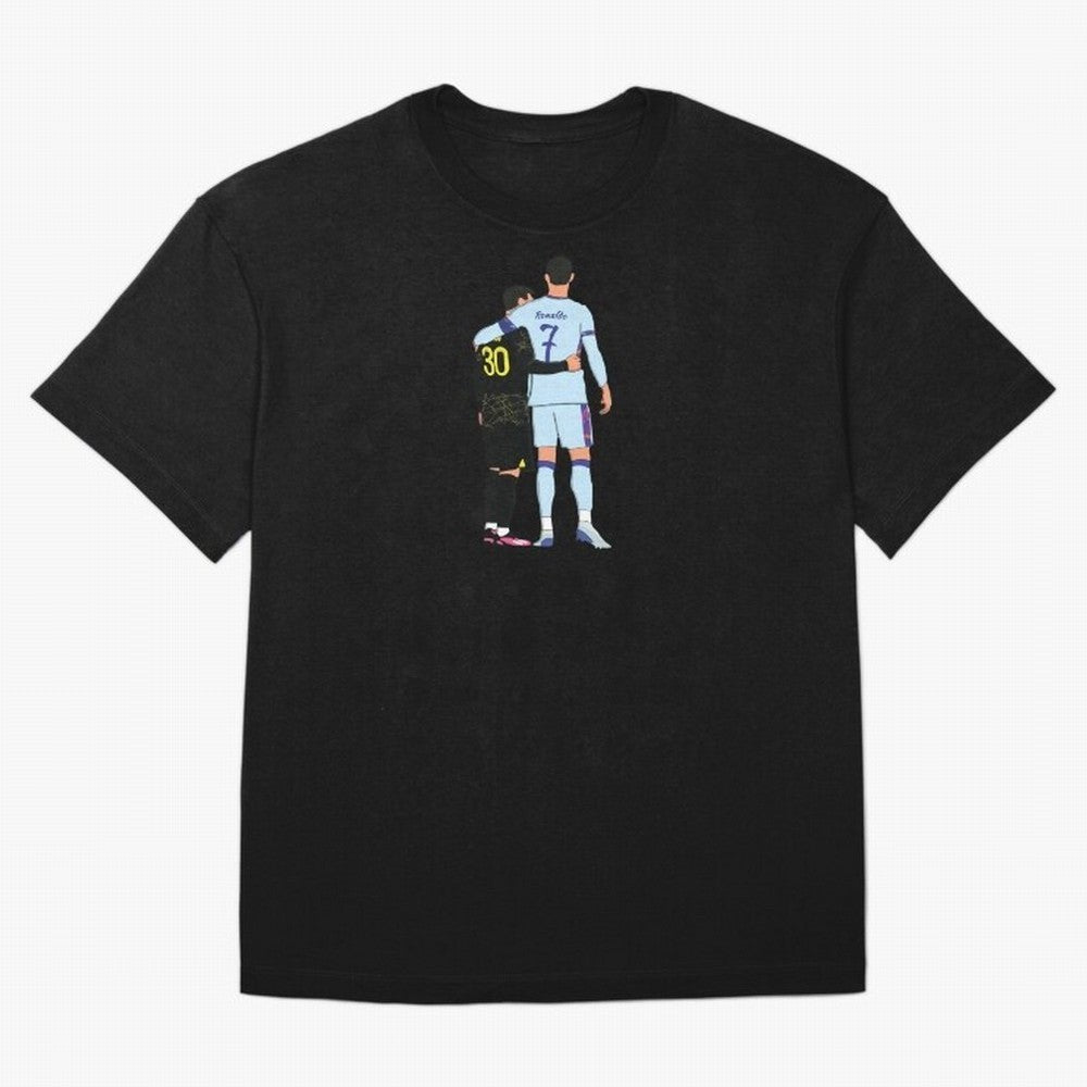 Messi and Ronaldo Reunion Illustration Oversized T-Shirt Embrace the FIFA World Cup 2026 Group Stage Journey through Haaland Highlights, France Pride, Retro Football Energy, Iconic Rivalries, Trophy Chase Drama and Stadium Atmosphere; Perfect for