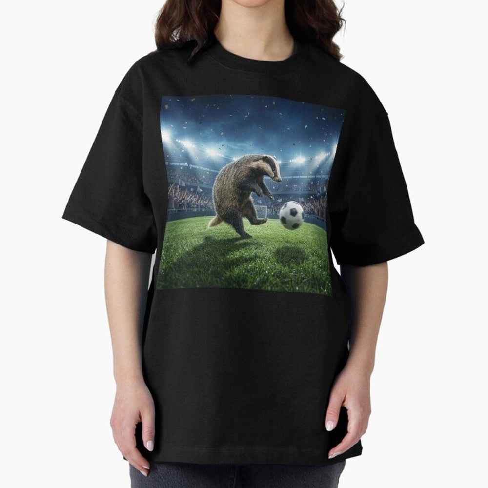Dynamic Badger Plays Soccer Like Ronaldo Oversized T-Shirt Celebrate Fan Culture around FIFA World Cup 2026 Group Stage for Fans of Mbappe and Portugal, Spain and Germany, Bringing Tournament Hype, Historic Matchups, Family Viewing Parties and