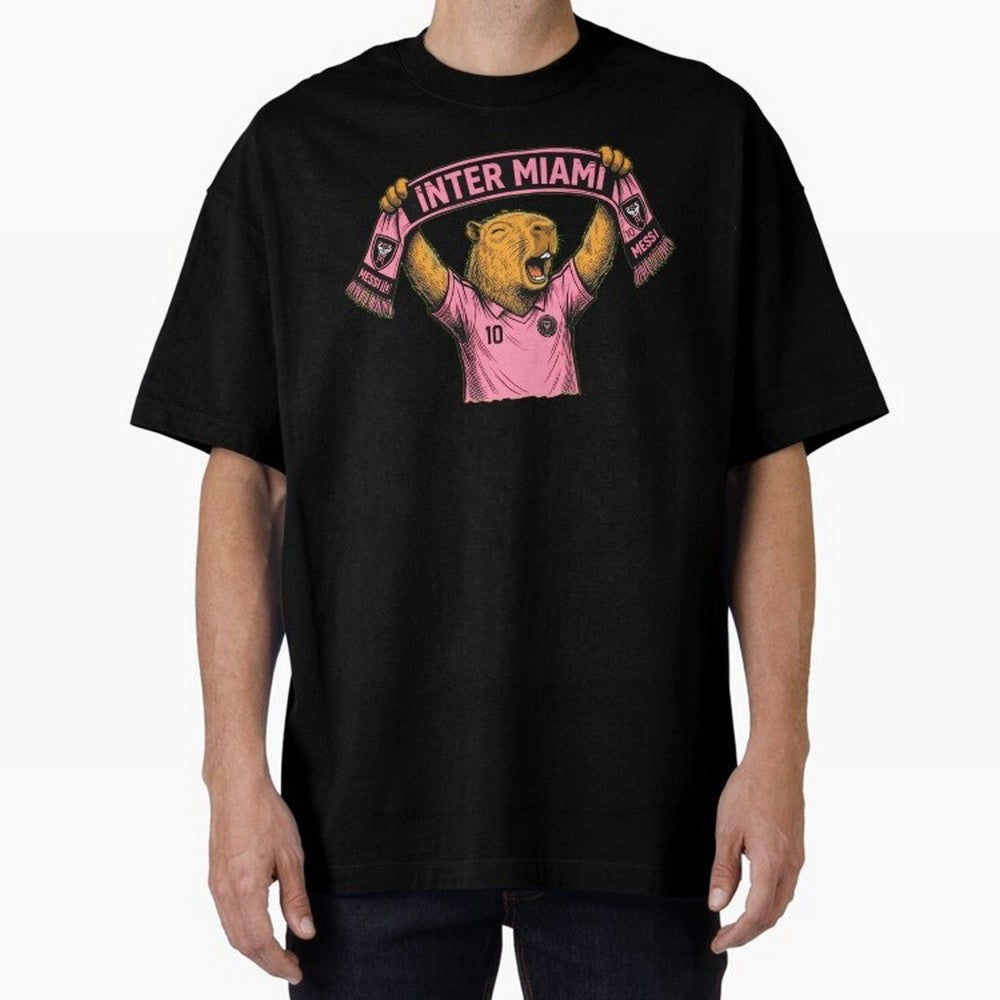 Capybara Inter Miami Fan Celebrating ¨C Funny Soccer Illustration with Scarf Oversized T-Shirt Capture the FIFA World Cup 2026 Journey through Cristiano Ronaldo, Haaland and CR7 Highlights, Brazil Pride, Classic Soccer Heritage, Championship