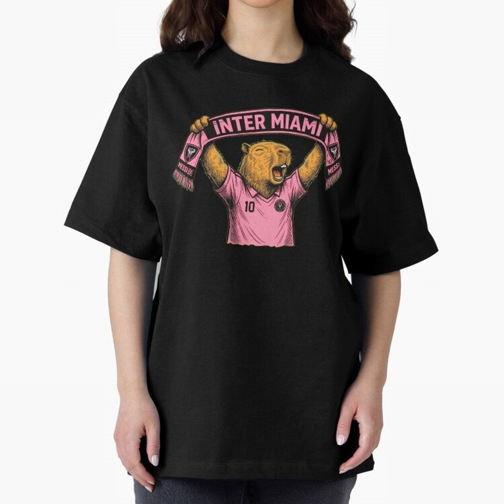 Capybara Inter Miami Fan Celebrating ¨C Funny Soccer Illustration with Scarf Oversized T-Shirt Capture the FIFA World Cup 2026 Journey through Cristiano Ronaldo, Haaland and CR7 Highlights, Brazil Pride, Classic Soccer Heritage, Championship