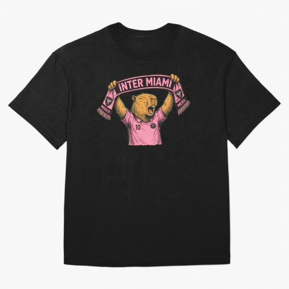 Capybara Inter Miami Fan Celebrating ¨C Funny Soccer Illustration with Scarf Oversized T-Shirt Capture the FIFA World Cup 2026 Journey through Cristiano Ronaldo, Haaland and CR7 Highlights, Brazil Pride, Classic Soccer Heritage, Championship