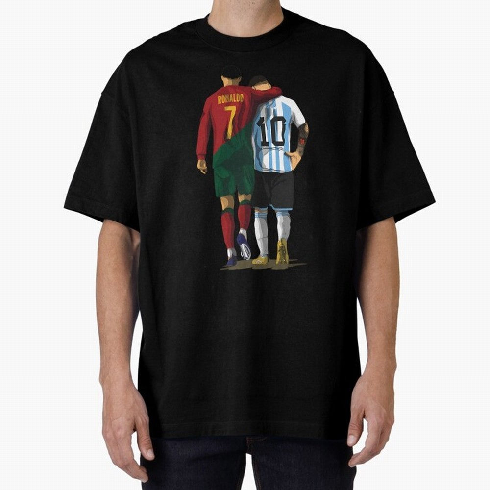 Messi Ronaldo Chit Chat Illustration Oversized T-Shirt Mark FIFA World Cup 2026 Group Stage Spirit, Connected to Brazil, Portugal and Argentina, Mbappe and Neymar, Classic Soccer Heritage, Championship Pressure, Fan Loyalty and International Pride;