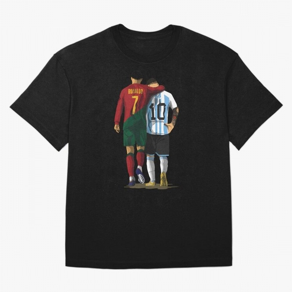 Messi Ronaldo Chit Chat Illustration Oversized T-Shirt Mark FIFA World Cup 2026 Group Stage Spirit, Connected to Brazil, Portugal and Argentina, Mbappe and Neymar, Classic Soccer Heritage, Championship Pressure, Fan Loyalty and International Pride;