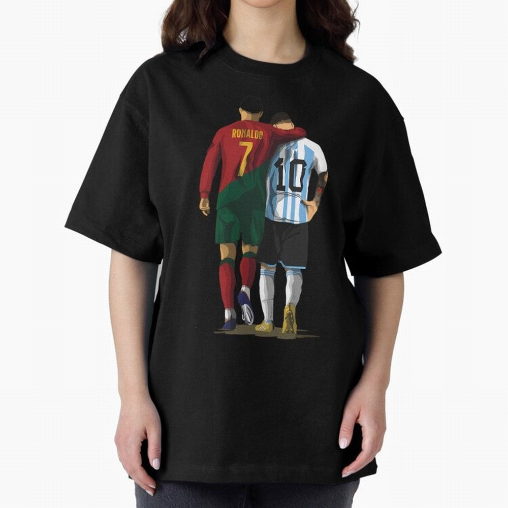 Messi Ronaldo Chit Chat Illustration Oversized T-Shirt Mark FIFA World Cup 2026 Group Stage Spirit, Connected to Brazil, Portugal and Argentina, Mbappe and Neymar, Classic Soccer Heritage, Championship Pressure, Fan Loyalty and International Pride;