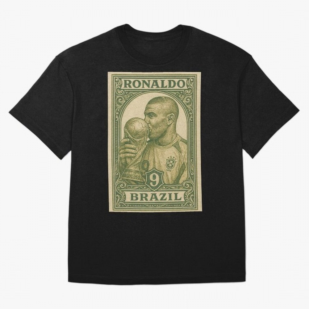 Vintage Brazilian Ronaldo Fenomeno R9 Football Legend Stamp Illustration ¨C Retro Soccer World Cup Art Print Oversized T-Shirt Treasure FIFA World Cup 2026 Group Stage Capturing Mbappe and Neymar, Argentina and Brazil Energy, Fan Favorite Moments,