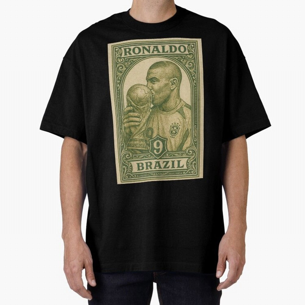 Vintage Brazilian Ronaldo Fenomeno R9 Football Legend Stamp Illustration ¨C Retro Soccer World Cup Art Print Oversized T-Shirt Treasure FIFA World Cup 2026 Group Stage Capturing Mbappe and Neymar, Argentina and Brazil Energy, Fan Favorite Moments,