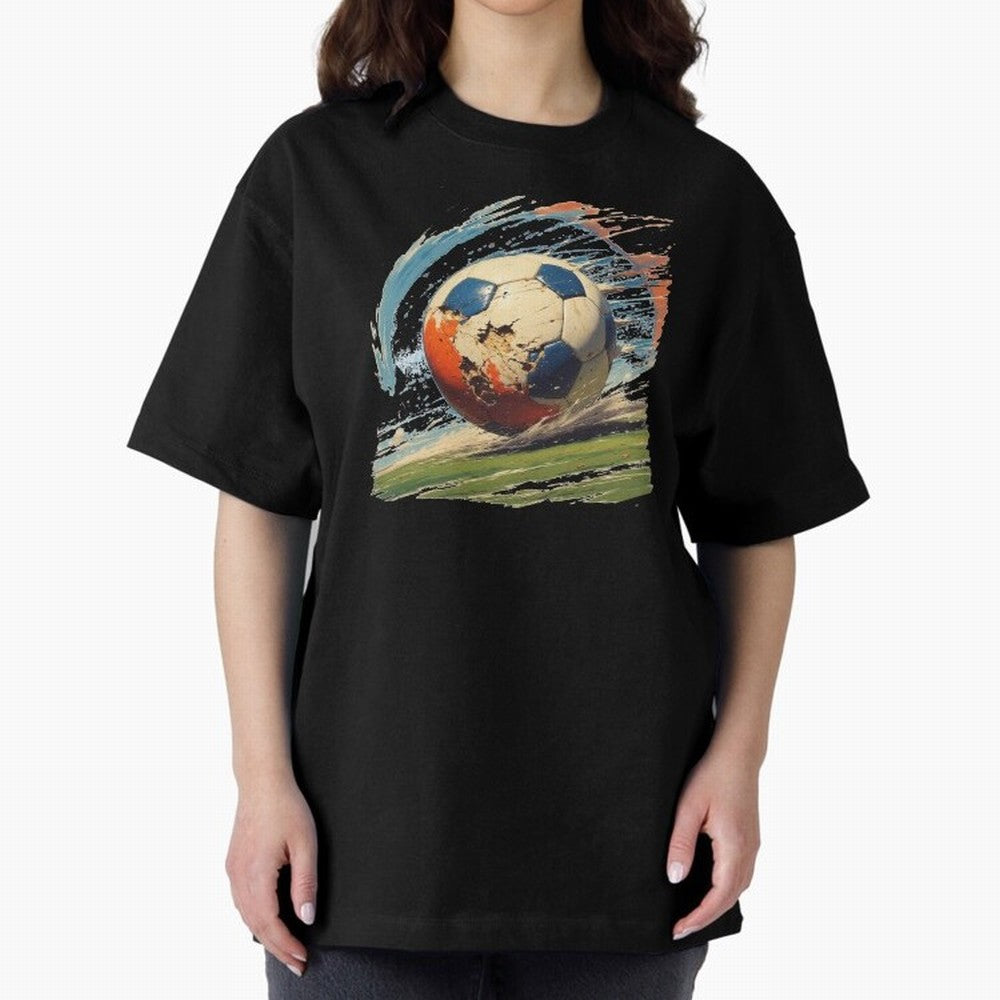 Soccer Ball in Fight Oversized T-Shirt Honor the Football Icons of FIFA World Cup 2026 Group Stage for Fans of CR7 and Messi and Spain, Bringing Global Supporter Spirit, Legendary Goals, National Colors and Tournament Celebration; Ideal for