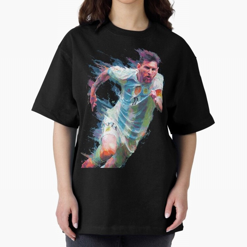 Messi in action Graphic Paint poster design Oversized T-Shirt Bring Champion Energy into FIFA World Cup 2026 Featuring CR7, Brazil Energy, Sports Nostalgia, International Competition, Famous Players and Unforgettable Victories; Ideal for Passionate