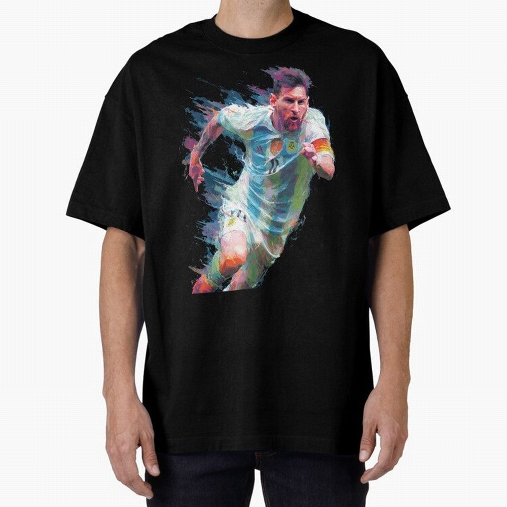 Messi in action Graphic Paint poster design Oversized T-Shirt Bring Champion Energy into FIFA World Cup 2026 Featuring CR7, Brazil Energy, Sports Nostalgia, International Competition, Famous Players and Unforgettable Victories; Ideal for Passionate