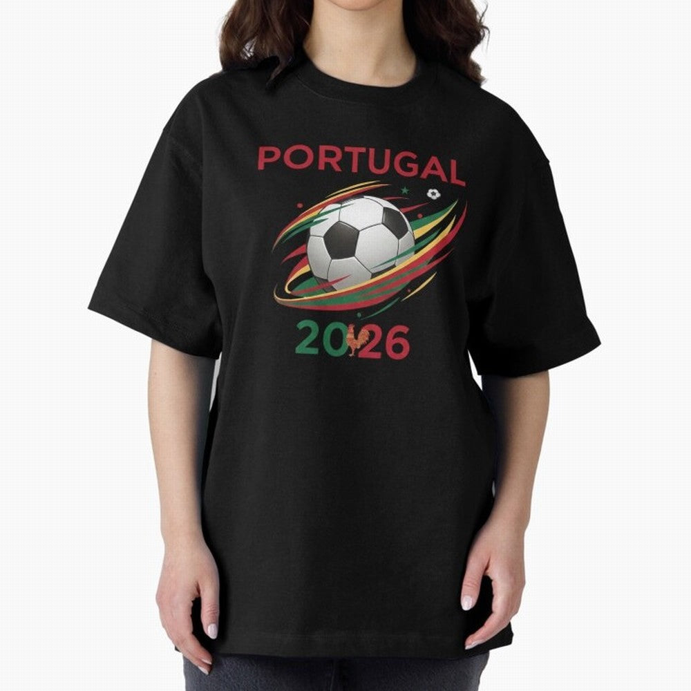 Camiseta Portugal 2026 - Bola de Futebol e Design Galo de Barcelos. Oversized T-Shirt Upgrade Match Day Hype around FIFA World Cup 2026 USA Canada Mexico, CR7, Brazil, Portugal and Argentina, Worldwide Fan Energy, Dramatic Goals, Stadium Lights and