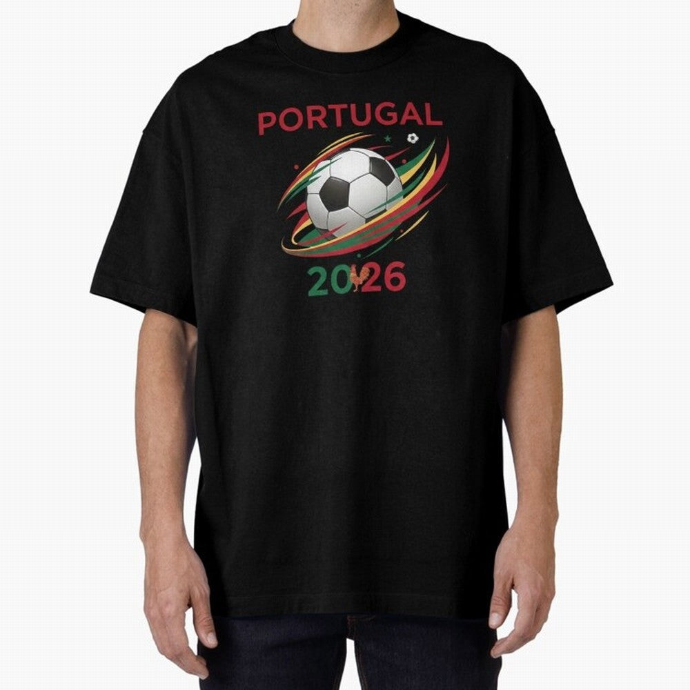 Camiseta Portugal 2026 - Bola de Futebol e Design Galo de Barcelos. Oversized T-Shirt Upgrade Match Day Hype around FIFA World Cup 2026 USA Canada Mexico, CR7, Brazil, Portugal and Argentina, Worldwide Fan Energy, Dramatic Goals, Stadium Lights and