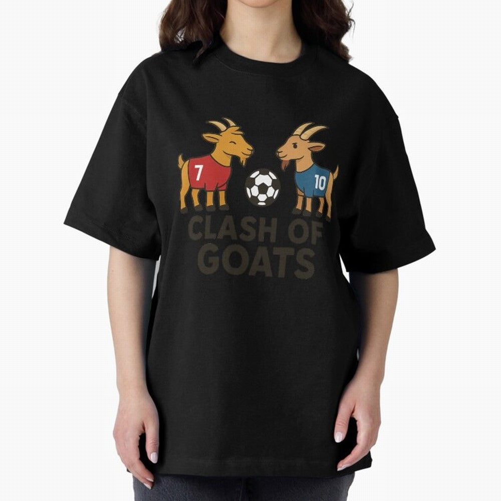 Clash of GOATs ¨C Funny Ronaldo vs Messi Inspired Football T-Shirt Design Oversized T-Shirt Follow the Final Road of FIFA World Cup 2026 Group Stage Driven by Messi, Neymar and Mbappe, England and Germany Energy, Football History, Final Match