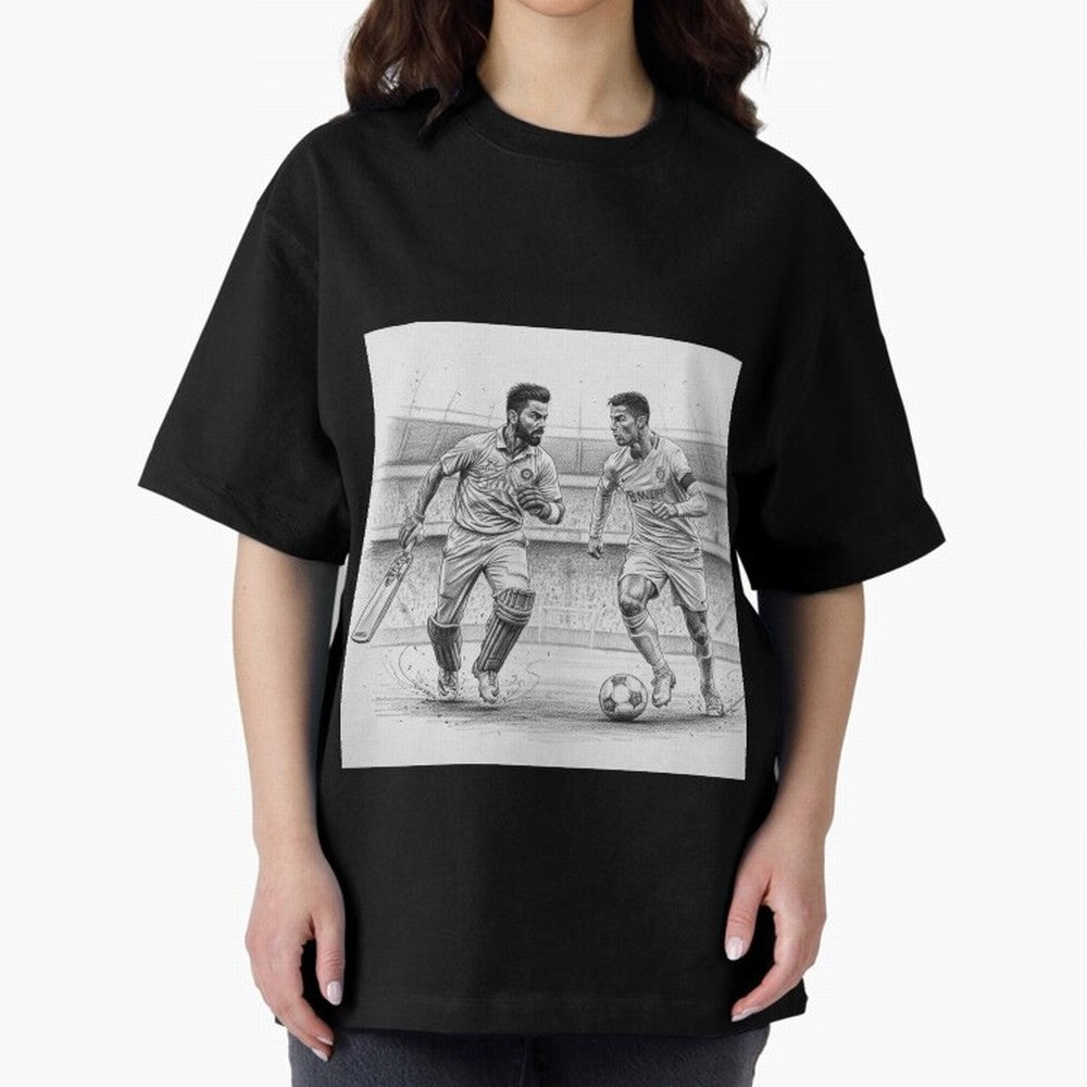 Virat and Ronaldo Oversized T-Shirt Celebrate Unforgettable Nights in Global Football Passion for FIFA World Cup 2026 USA Canada Mexico, Connected to Neymar, Haaland and Cristiano Ronaldo, Germany, Championship Spirit, Famous Goals, Roaring Crowds