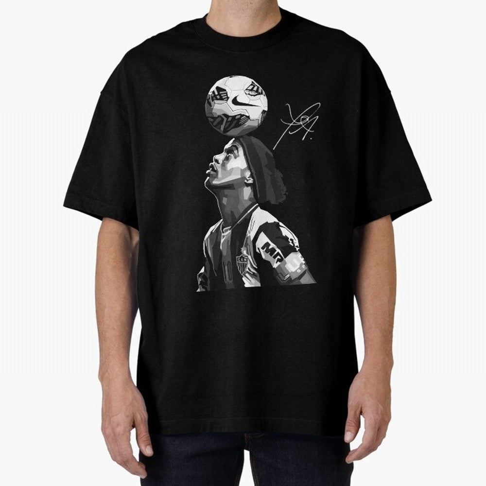 Ronaldinho Black and White Oversized T-Shirt Get Ready for Match Day Hype around FIFA World Cup 2026 Group Stage, Mbappe and Neymar, France and Portugal, Vintage Soccer Flavor, Modern Football Stars, National Flags and Final Night Emotion; Perfect