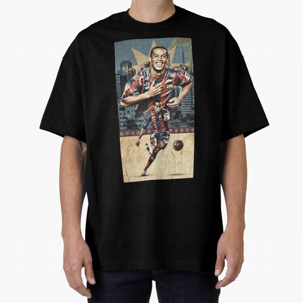 Ronaldinho Design Oversized T-Shirt Represent the Passion of Global Football Passion for FIFA World Cup 2026, with Messi, CR7 and Mbappe, Brazil, Vintage Soccer Flavor, Modern Football Stars, National Flags and Final Night Emotion; Ideal for