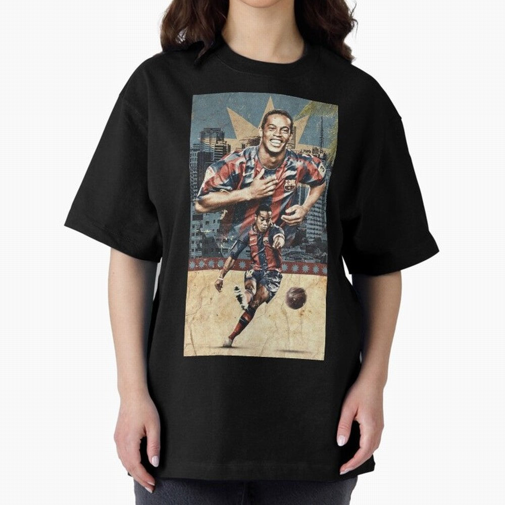 Ronaldinho Design Oversized T-Shirt Represent the Passion of Global Football Passion for FIFA World Cup 2026, with Messi, CR7 and Mbappe, Brazil, Vintage Soccer Flavor, Modern Football Stars, National Flags and Final Night Emotion; Ideal for
