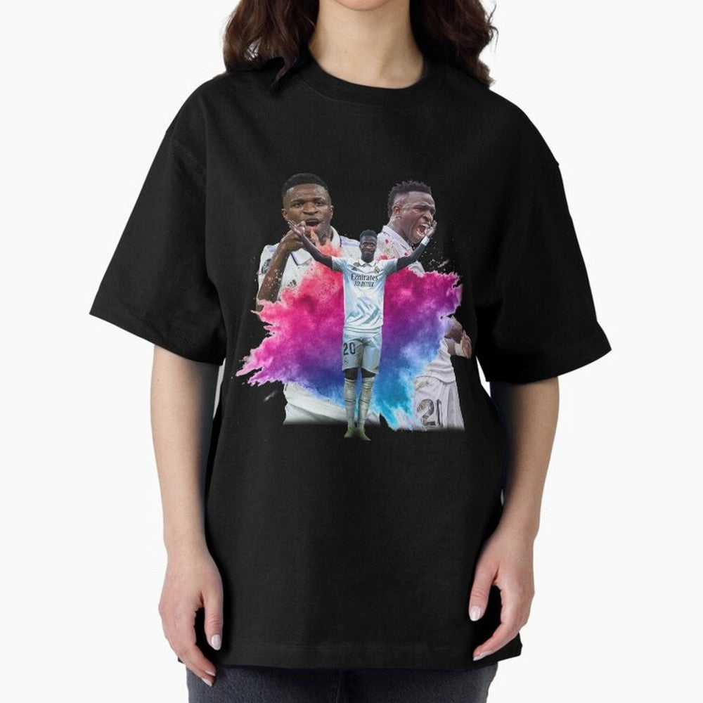 Fanart Vinicius Junior Merch Oversized T-Shirt Capture Global Football Passion for FIFA World Cup 2026, Capturing Messi and Cristiano Ronaldo, Brazil, Championship Spirit, Famous Goals, Roaring Crowds and International Football Unity; Made for