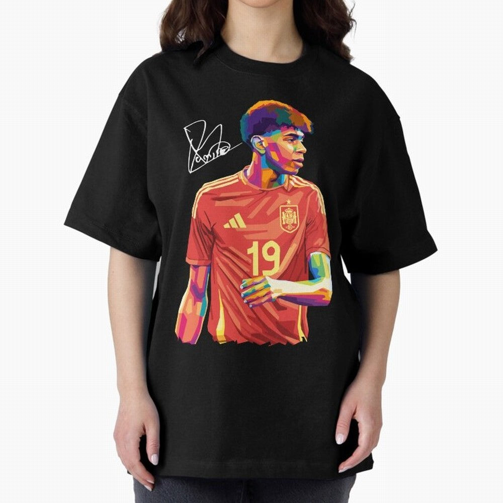 Lamine Yamal Pop Art Oversized T-Shirt Spotlight Match Day Hype around FIFA World Cup 2026 Group Stage, Haaland and Mbappe, Spain, Stadium Memories, Football Loyalty, International Chants and Championship Tradition; Perfect for Fans, Collectors,