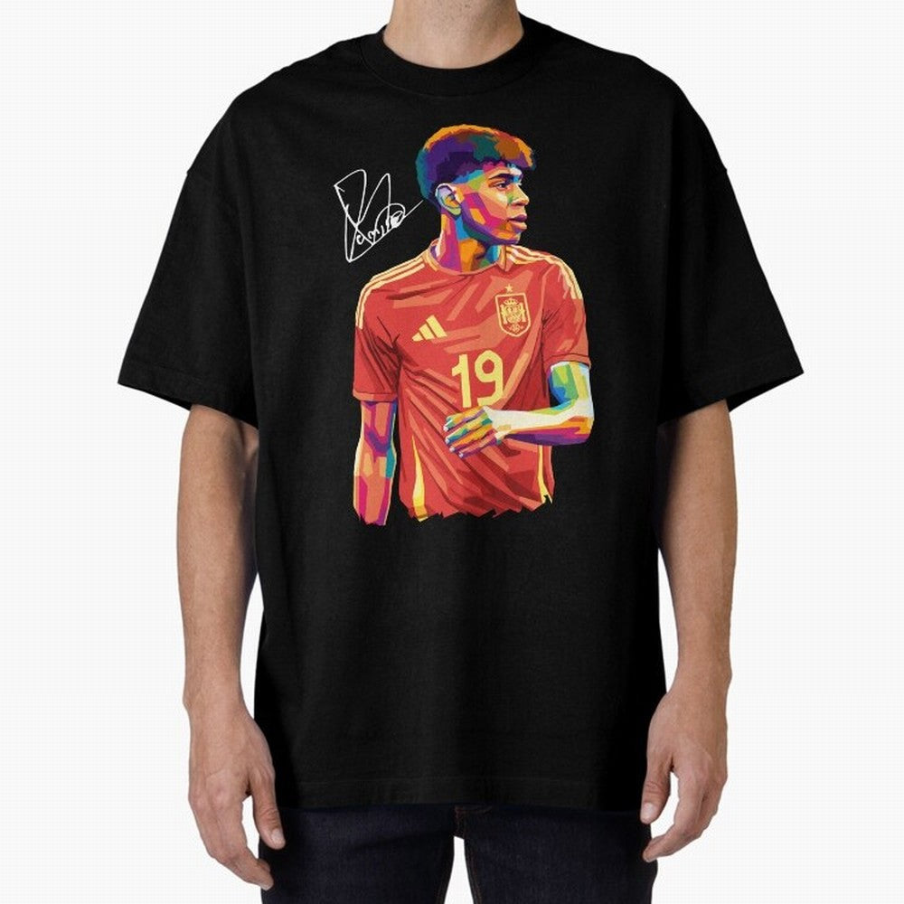 Lamine Yamal Pop Art Oversized T-Shirt Spotlight Match Day Hype around FIFA World Cup 2026 Group Stage, Haaland and Mbappe, Spain, Stadium Memories, Football Loyalty, International Chants and Championship Tradition; Perfect for Fans, Collectors,
