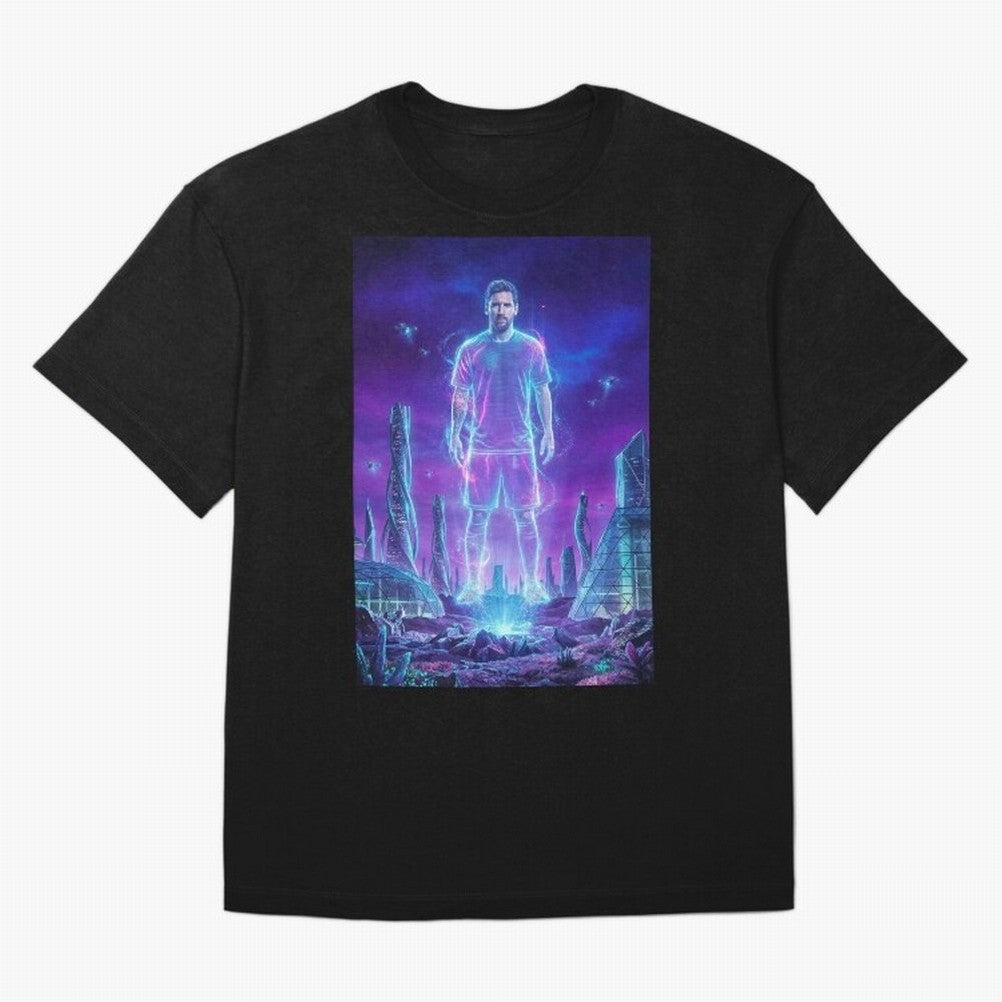 Lionel Messi (GOAT) Hologram in Futuristic Cyberpunk City (Version 5) Classic T-Shirt Bring World Football Passion into Match Day Hype around FIFA World Cup 2026 Group Stage, Mbappe and Neymar, Spain, Fan Favorite Moments, National Team Passion,