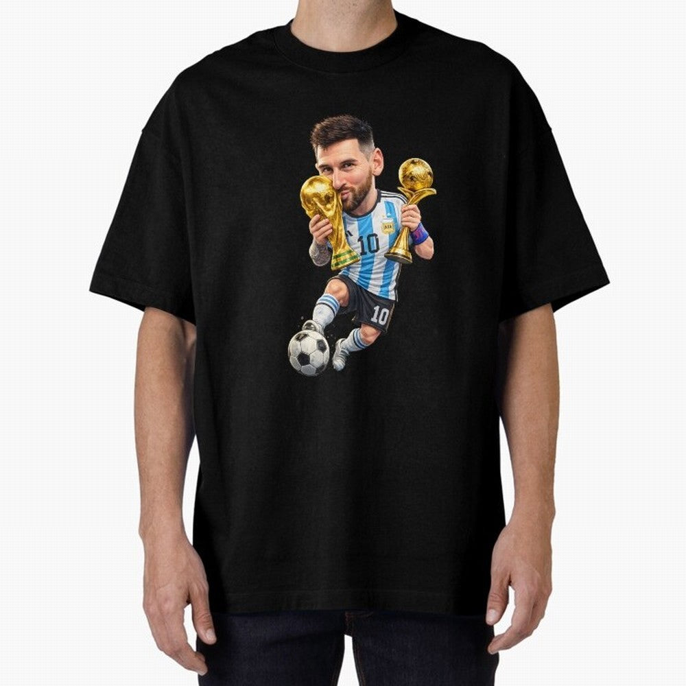 Lionel Messi ¨C Trophy King Caricature Oversized T-Shirt Bring Legendary Rivalry Energy to the FIFA World Cup 2026 Group Stage Journey through Cristiano Ronaldo, Haaland and CR7 Highlights, Brazil Pride, Vintage Soccer Flavor, Modern Football