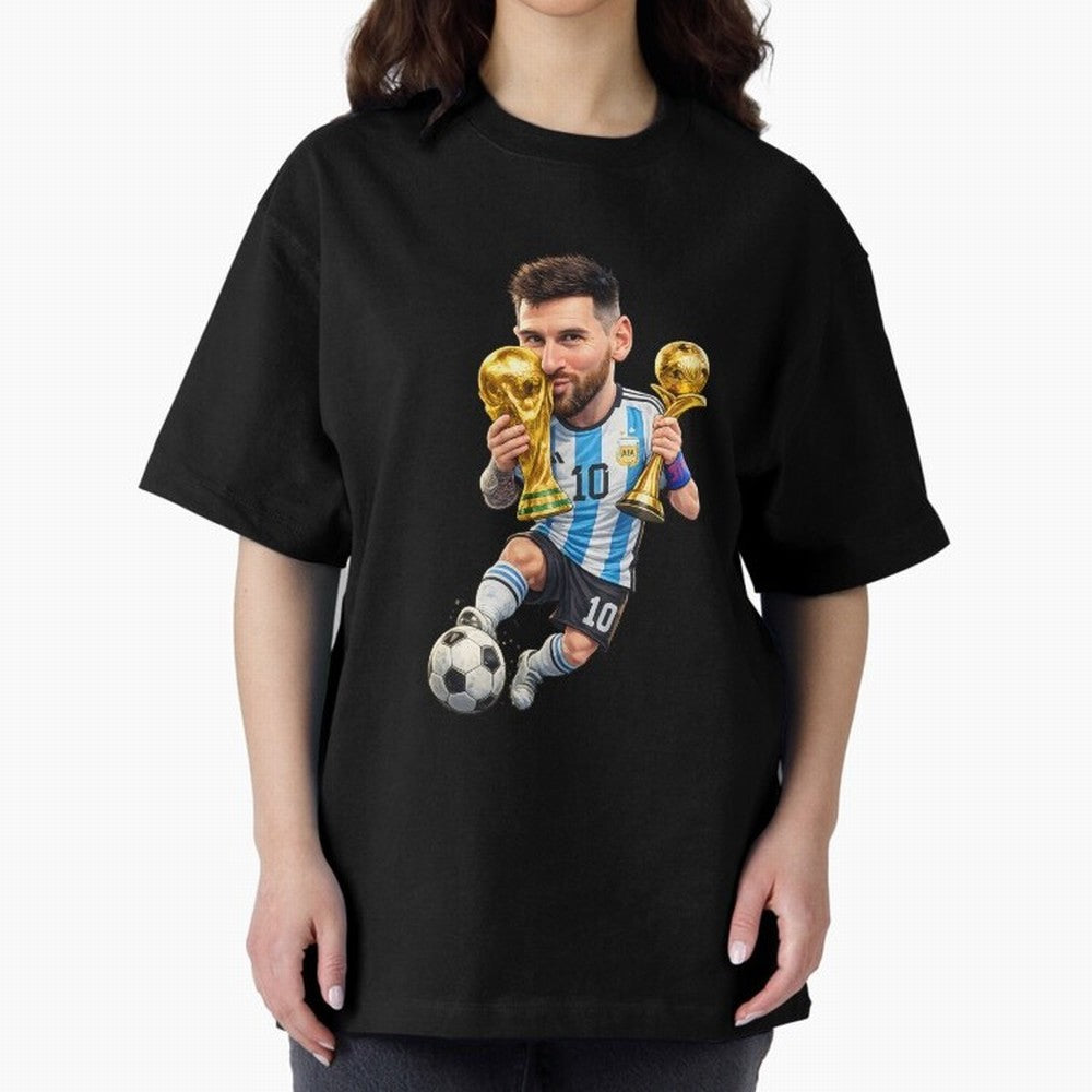 Lionel Messi ¨C Trophy King Caricature Oversized T-Shirt Bring Legendary Rivalry Energy to the FIFA World Cup 2026 Group Stage Journey through Cristiano Ronaldo, Haaland and CR7 Highlights, Brazil Pride, Vintage Soccer Flavor, Modern Football